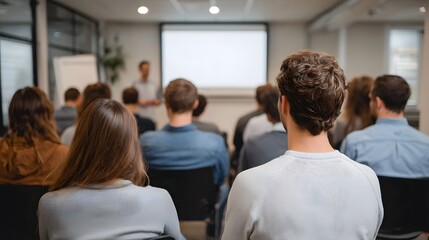 Fototapeta premium Audience attentively watches a business presentation on a projector screen in a modern conference room
