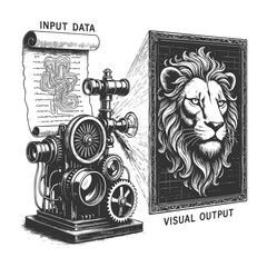 machine transforming scroll-based input data into realistic lion face, symbolizing creative AI and data visualization sketch engraving generative ai raster illustration. Scratch board. Black and white