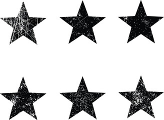 Obraz premium A set of six scratched black star icons with a worn, textured appearance, conveying a sense of history or urban style.