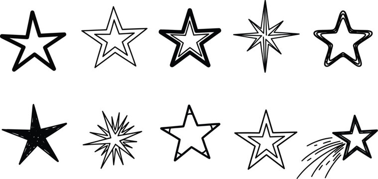 A diverse set of black and white hand-drawn star graphics, featuring different styles and a shooting star element.