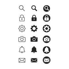 Set of 18 search, lock, gear, camera, bell, and mail icons in vector