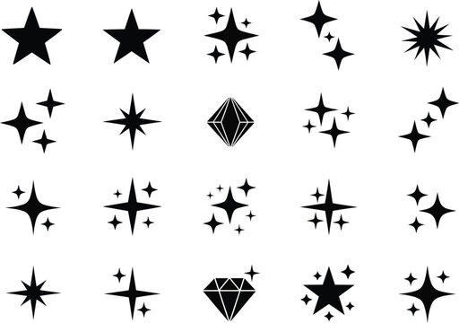 Collection of 20 diverse graphic icons including stars, sparkles, and a diamond on a light gray background for creative use.