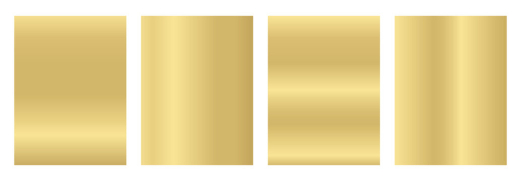 Gold brass texture vertical poster templates. Vector wall warm metallic gradient set. Smooth golden gradation. Collection soft cooper bg. Elegant brass gradient with polished metallic sheen.