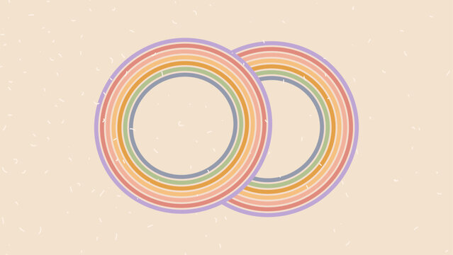 Retro groovy lines circle frame background. 70s round path border abstract pattern wallpaper. Vector horizontal wide wavy vintage stripes design. Funky trendy banner with curvy ornament backdrop.