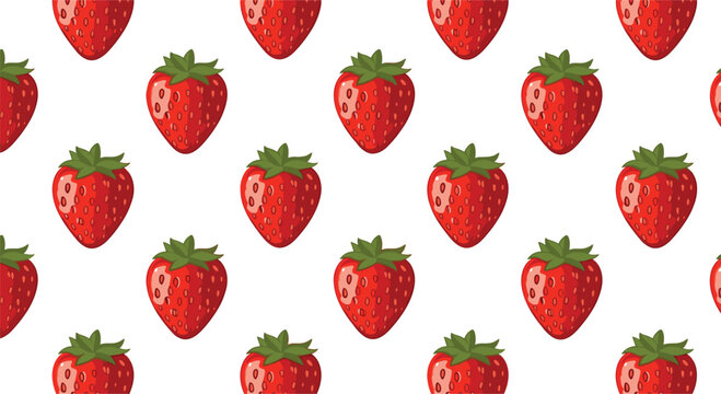 Seamless pattern featuring bright red strawberries with green stems neatly arranged on a clean white background for kitchen themes.