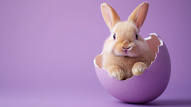A beige rabbit peeking out of a cracked purple Easter egg on a lilac background, a concept of Easter, spring, and holiday, a place for text, and a pastel-colored studio shot.