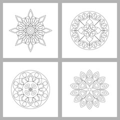 Asian floral mandalas set for adults coloring book. Vector ethnic circular ornaments. Black and white linear illustrations