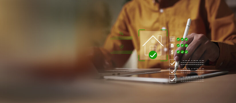 Person checking documents and requirements related to home purchase, sale, or loan approval. This concept represents property management, real estate contract processes.