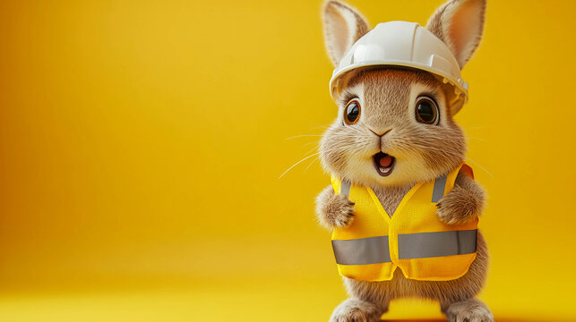 A rabbit wearing a safety vest and a construction helmet stands on a yellow background. A construction worker or safety inspector character, a concept of occupational safety.