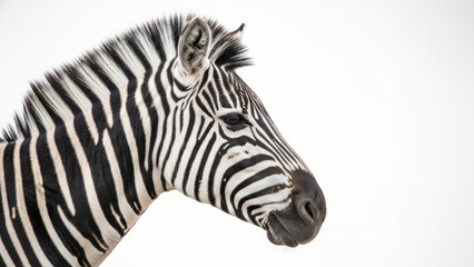 Fototapeta premium Zebra Profile Portrait With Striking Black And White Stripes Against White Background