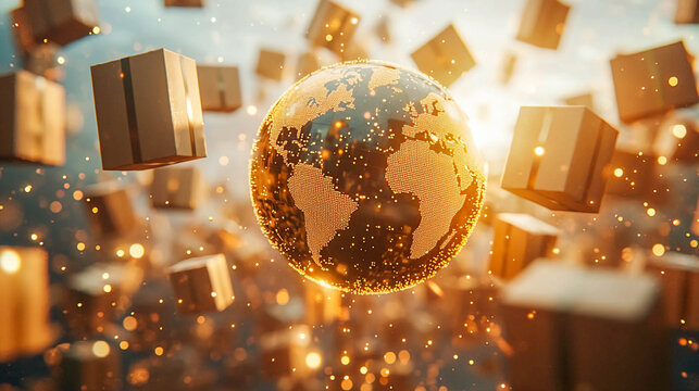 Planet Earth made up of glowing dots surrounded by many flying packages. The concept of global delivery, international logistics, and online shopping worldwide.