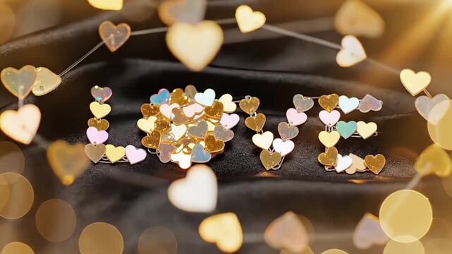 Luxury "LOVE" Sequence: Holographic Gold Hearts on Black Satin
