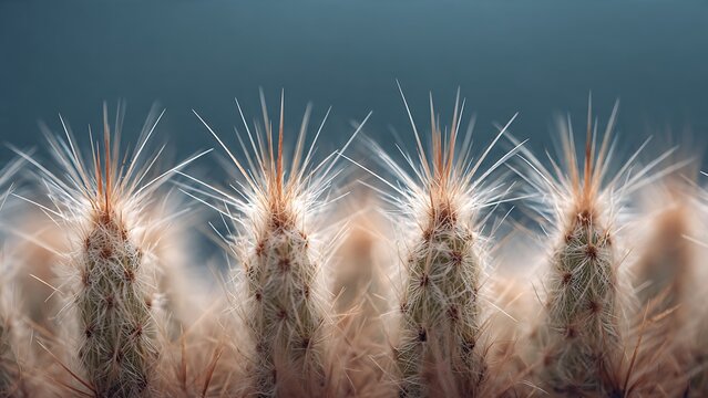 Macro cactus spines and fuzzy glochids with blue backdrop