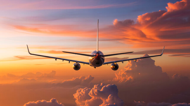 Commercial airplane flying away from the viewer above thick clouds during a dramatic orange.
