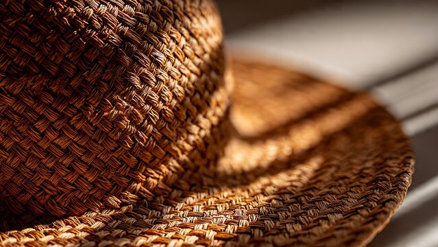Straw hat weave texture in warm sunlight, summer travel concept