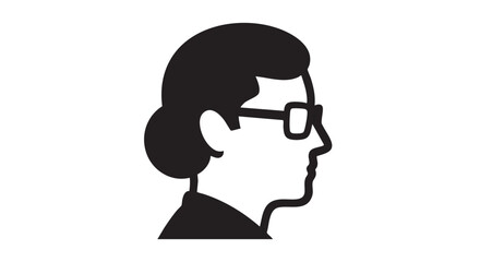 Simple black and white illustration of a woman's profile view wearing glasses and having her hair in a bun
