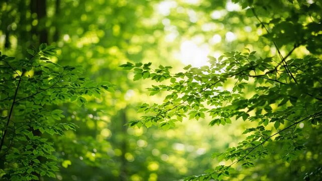 Sunlight Filtering Through Green Leaves in a Lush Forest Canopy creating a Vibrant and Tranquil Woodland Scene Optimized for Adobe Stock