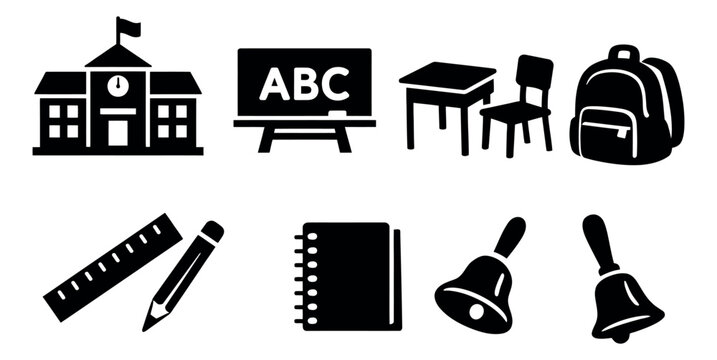 Black silhouette education icon set featuring a school building, blackboard, backpack, and essential school supplies for learning and teaching