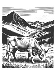 dairy cow with a bell grazing in a mountain meadow filled with wildflowers and scenic alpine peaks sketch engraving generative ai raster illustration. Scratch board imitation. Black and white image.