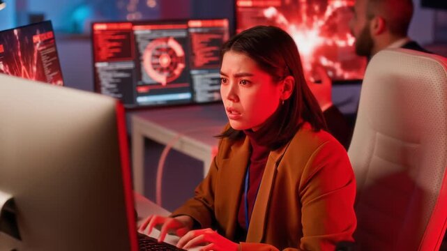 Frightened young woman facing cyberattack while working on computer in office, stressed male colleague making phone call in background