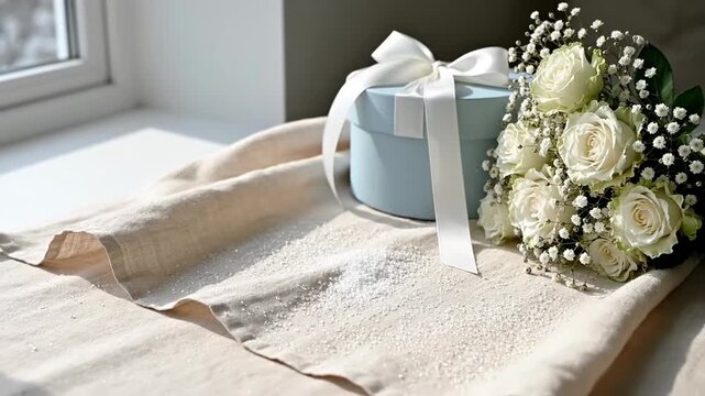 A Light Blue Round Gift Box Tied With White Ribbon Sits Next To A White Rose Bouquet On A Textured Fabric With Scattered Glitter And Natural Sunlight From The Left