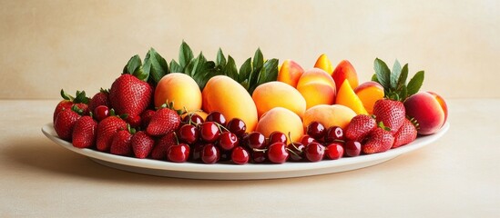 Assortment of fresh summer fruits including peaches strawberries and cherries