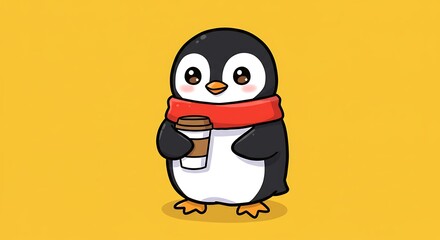 Fototapeta premium Cute Penguin with Coffee, Cozy Winter Scene.