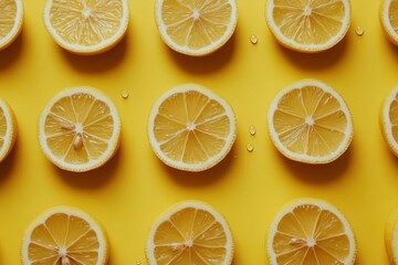Fototapeta premium Fresh lemon slices and juice droplets on a bright yellow background, top view.
