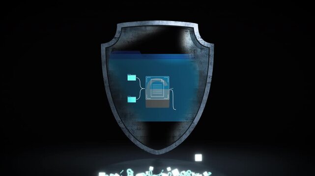 Digital security visualization of a cracked firewall shield with open padlock, surrounded by floating data blocks, representing system vulnerability, cyber attacks and compromised protection.