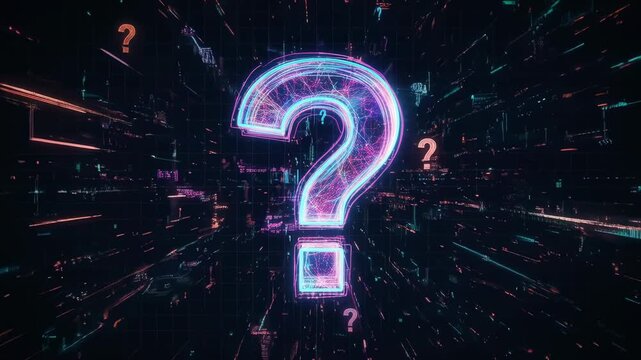 Neon question mark glowing digital data grid hologram. mysterious floating question mark futuristic neon cyber grid with glitch energy and dynamic