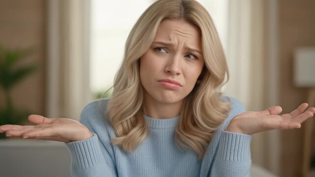 Confused woman shrug puzzled uncertain portrait indoor blonde shrugging shoulders sweater raised palms neutral interior living room expressing