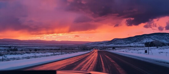 Scenic winter road at sunset with vibrant colorful sky, snow-covered mountains, and illuminated wet pavement reflecting the light.