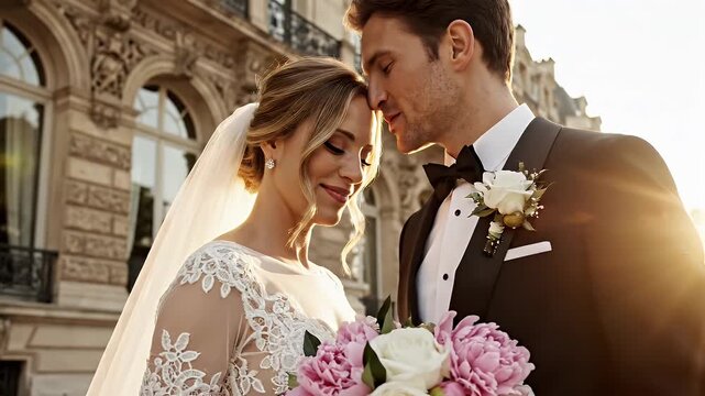 Elegant Wedding Moment in Paris - A beautiful bride and groom stand close together, foreheads touching, in front of a classic Parisian building.
