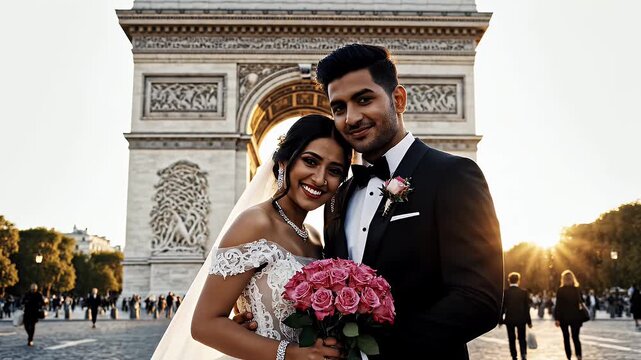 Elegant Wedding in Paris - A happy couple dressed in wedding attire poses in front of the Arc de Triomphe in Paris.