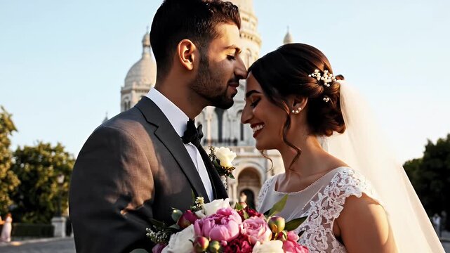 Romantic Wedding in Paris - A happy bride and groom share a tender moment in Paris, France. The bride wears a white lace dress and veil while holding a bouquet, and the groom wears a gray suit with a