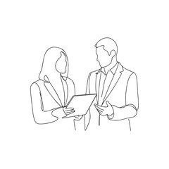 Businesspeople Discussing Strategy With Tablet, Continuous Line Drawing, Collaboration Concept
