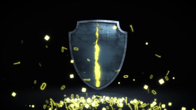Broken digital shield glowing with cracks and falling data symbols, illustrating failed internet security, compromised systems and the consequences of cyber attacks on digital infrastructure.