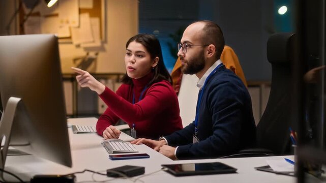 Young male and female software developers working in office at night, fixing bugs and updating systems