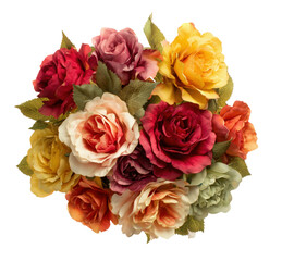 Naklejka premium Colorful bouquet of assorted roses with green leaves on transparent background