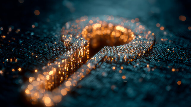 A digital key made of glowing points symbolizing secure access, encrypted authorization and technological protection