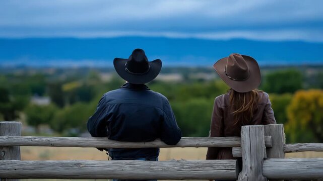 Man and woman chatting pleasantly while sitting on wooden fence overlooking countryside landscape under cloudy blue sky