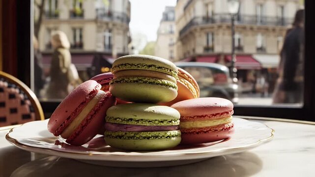 Colorful Macarons in a Parisian Cafe - A close-up shot shows a stack of colorful macarons on a plate inside a cafe, with a view of a Parisian street scene through the window.