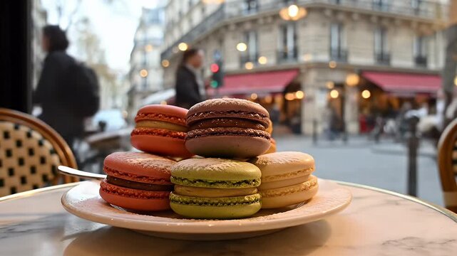 Macarons in Parisian Cafe - A stack of colorful macarons are displayed on a white plate, arranged on a table inside a Parisian cafe.