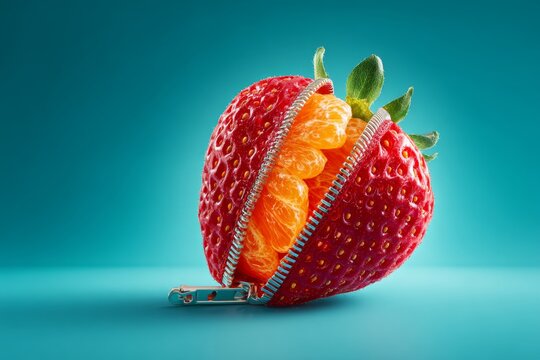 Strawberry zipper orange surreal creative fruit studio minimal vibrant concept. surreal studio image of strawberry unzipped to reveal orange segments inside blending creativity and vibrant color