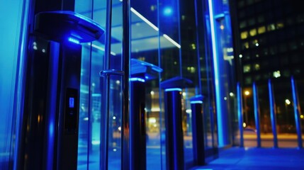 Modern building entrance with blue LED access control system and glass architecture at night