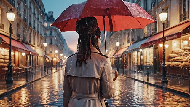 Woman with Umbrella in Rainy City - A young woman stands on a wet city street during a rainstorm, holding a red umbrella.