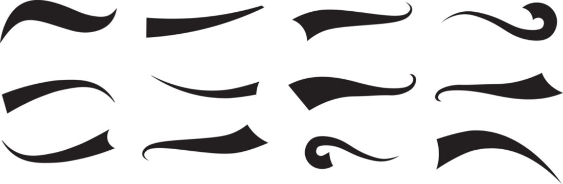 Swooshes text tails, swash underline. football, baseball typography swashes Texting tail for lettering or old varsity sport logo vector for apps or web retro style. Swoosh and swash tails collection