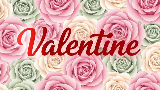 An illustrated motion graphic displays the vibrant red "valentine" script text over a romantic, soft pastel rose background.