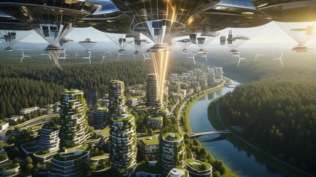 Visionary Eco-Futuristic Cityscape: Green-Integrated Skyscrapers with Flying Vehicles Emitting Golden Light Over River and Forest