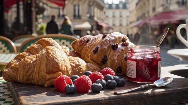 Parisian Breakfast Still Life - This still life features a selection of freshly baked croissants, raspberries, and blueberries arranged on a wooden board, alongside a jar of jam and a cup of coffee.
